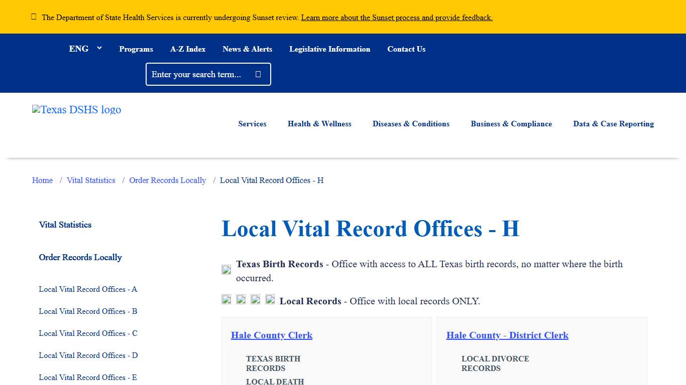 Local Vital Record Offices - H Texas DSHS